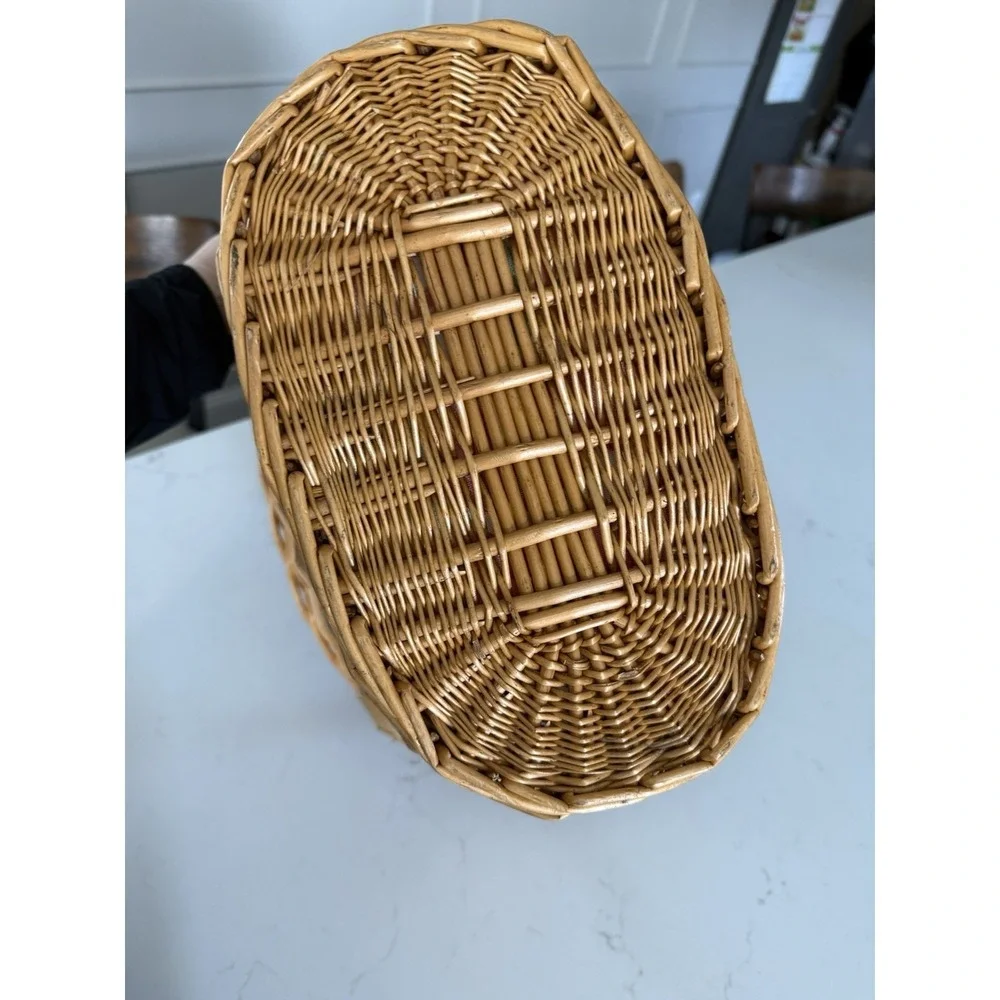 Vintage Woven Cane Oval Basket Apple Vinyl Liner Faux Leather Handles 90's EUC